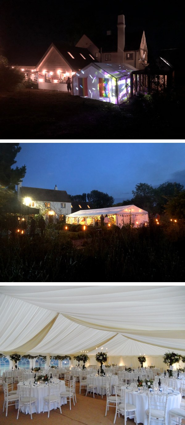 Three event management images including marquee, lighting and wedding breakfast